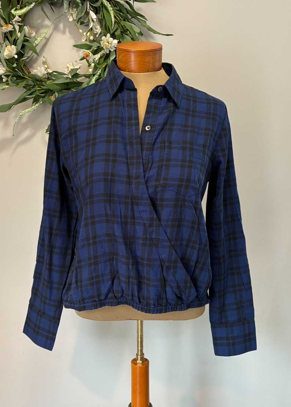 Madewell Top S Small Faux Wrap Blue Black Plaid Shirt H3254 Arion Plaid, NWT